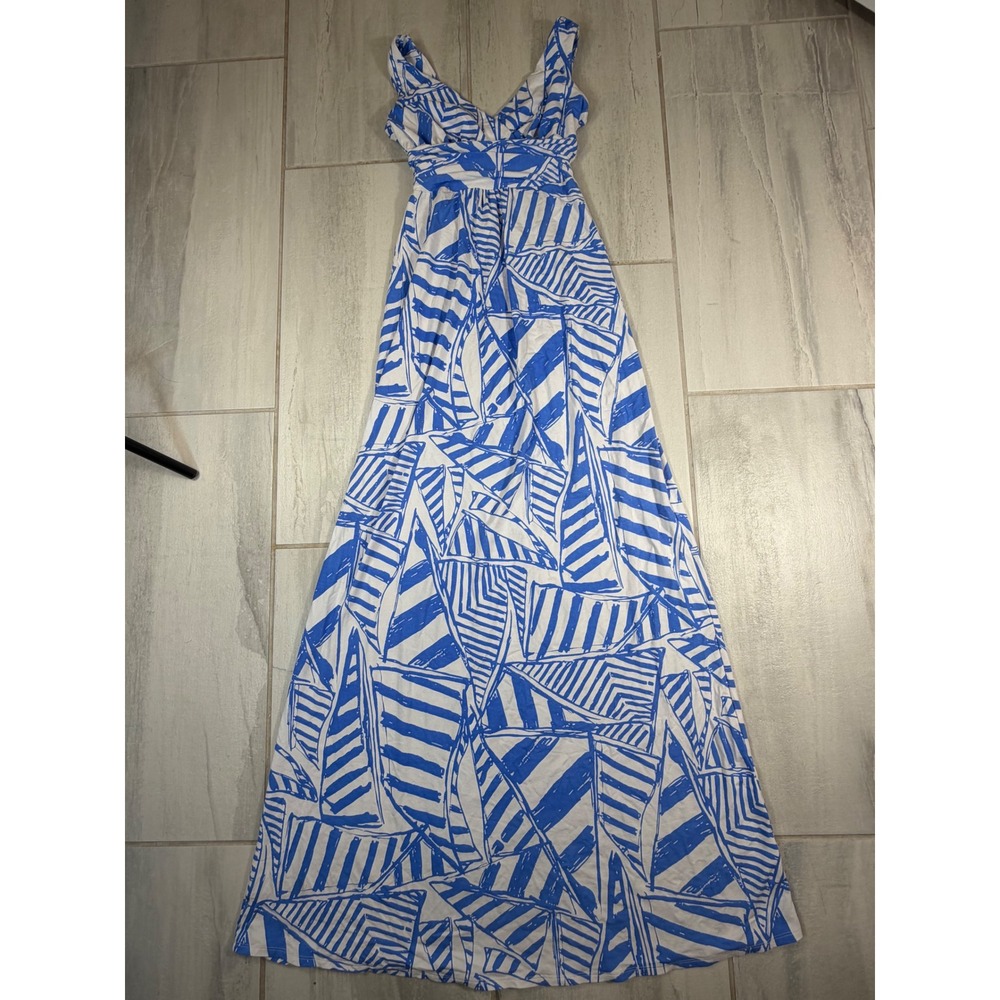 Lilly Pulitzer Blue White Sailboat Print Maxi Dress XS Sleeveless V-Neck Resort